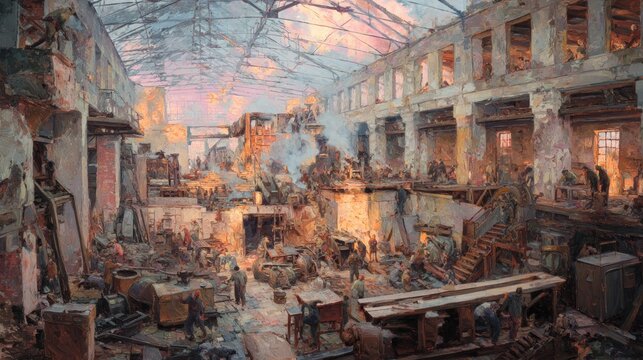 Industrial factory interior with workers