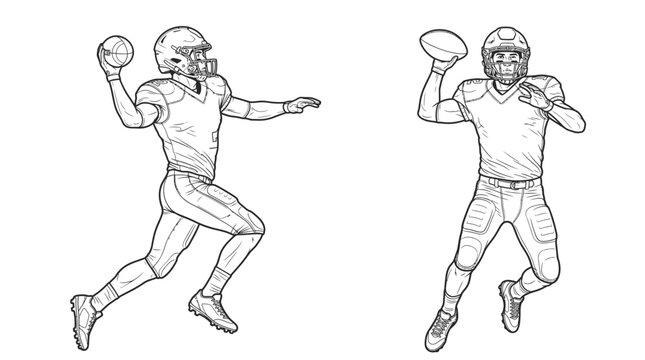 Football Quarterback Action: A dynamic black and white illustration of two American football quarterbacks in mid-throw, capturing the intensity and athleticism of the game.