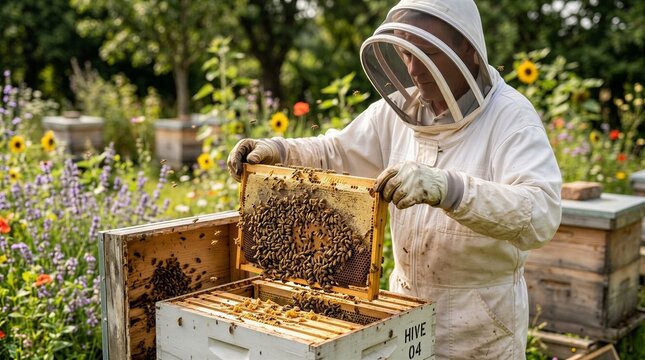 Beekeeper inspecting honeycomb in garden, apiary worker