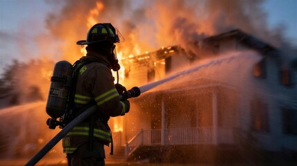 Fototapeta premium Firefighter battling house fire with hose at dusk