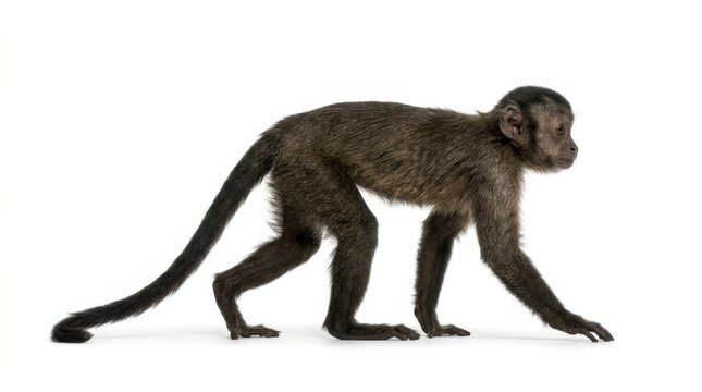 Capuchin monkey walking on white background