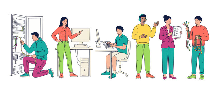 IT support team vector illustration working in database server room, network technicians managing ethernet cables, remote helpdesk customer service agents, computer system maintenance staff cartoons.
