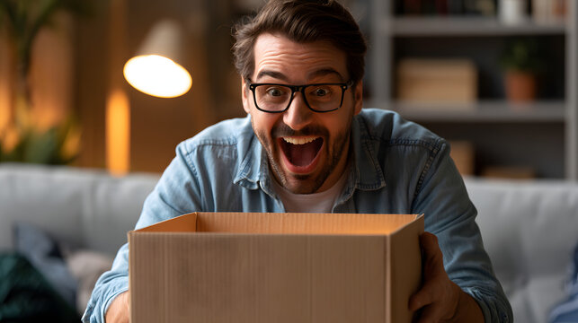 Man opened a large cardboard box with a smile and a surprise in the cozy interior. The concept of online shopping delivery, ecommerce experience, unboxing moment, and customer excitement are highlight