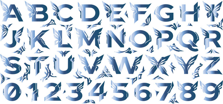 Cute bird or wings silhouette typography alphabet set, blue flying elements font vector