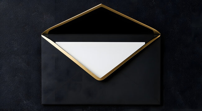 Elegant black envelope with gold edges, containing a white blank card on a dark background, for luxury correspondence and invitation design.
