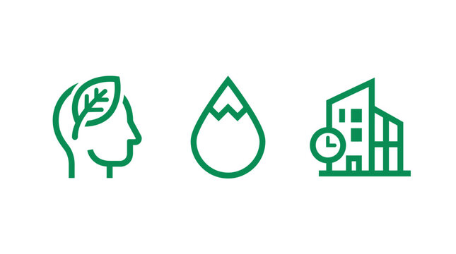 Green icons of head with leaf, water drop, and factory with clock Vector