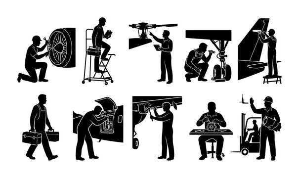 Aircraft Maintenance Technician Silhouette Set Aviation Icons