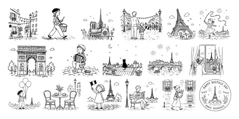 Obraz premium パリの風景・観光・暮らしを楽しむ手描きイラストセット／Paris Landmarks, Travel, Everyday Life, Sketch Illustration Set