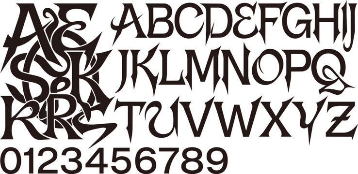 Gothic metal aggressive font vector set, black sharp edge display typography collection