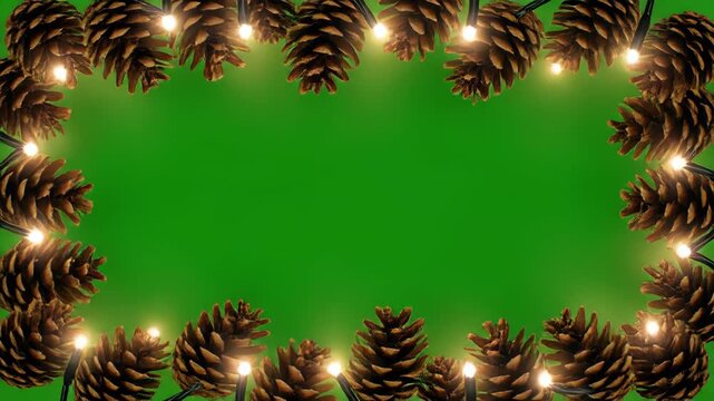 Pine cones and twinkling lights frame green screen sections with cinematic motion