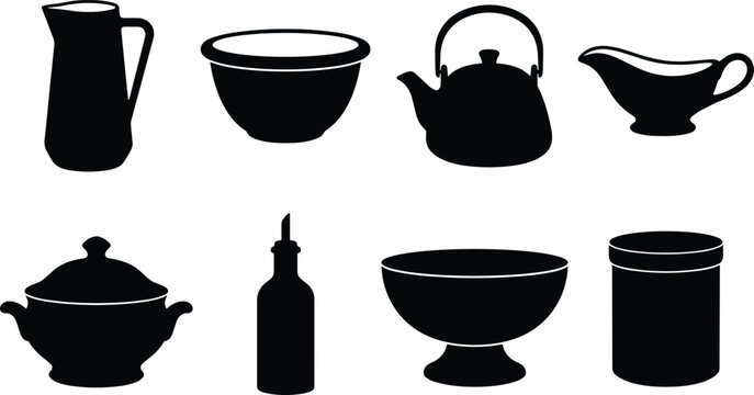 Ceramic tableware and kitchenware icons set with teapot pitcher bowl and tureen black vector silhouettes isolated on white