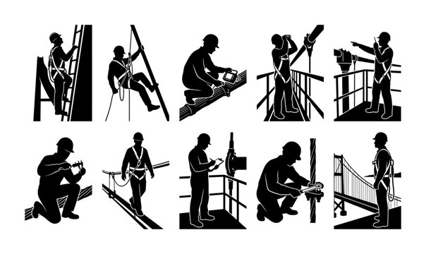 Industrial Construction Worker Silhouette Set Safety Gear Icon