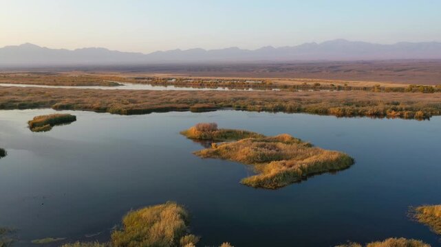 Aerial shot of Ili River delta in Kazakhstan. Neutral nature background with water, wetlands and distant mountains for travel, tourism, environmental marketing and copy space.