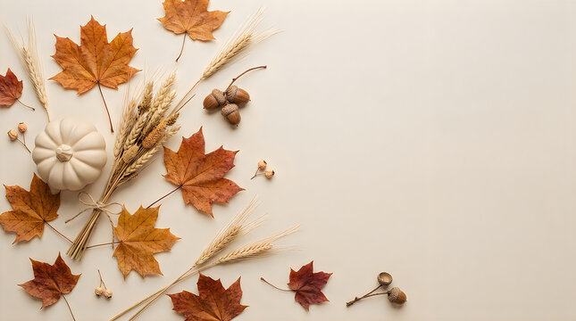 Happy thanksgiving day autumnal still life with pumpkin leaves and wheat