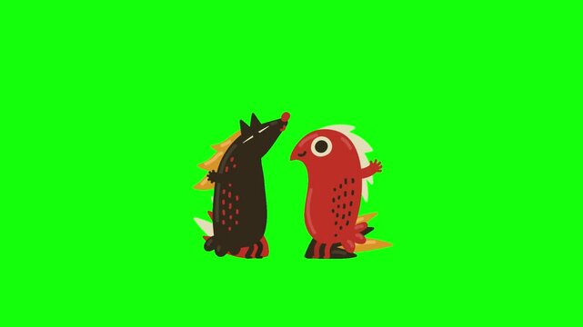 Two adorable cartoon creatures, one black with orange spikes and one red with white accents, are warmly hugging each other in the center of a solid bright lime green background in cute kawaii vector s
