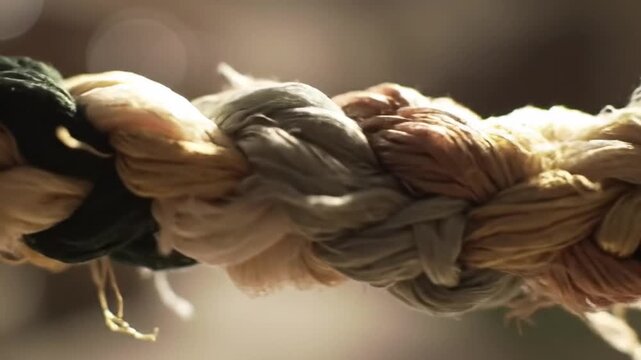 Close-up of a thick, braided rope with tan, white, and green strands, showing frayed fibers. Macro shot.