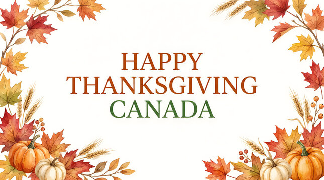 Happy thanksgiving day canada watercolor pumpkins maple leaves and autumn wheat illustration