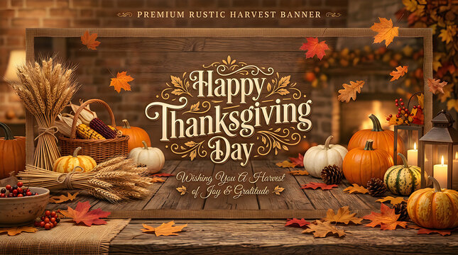 Happy thanksgiving day wishes with rustic harvest decorations