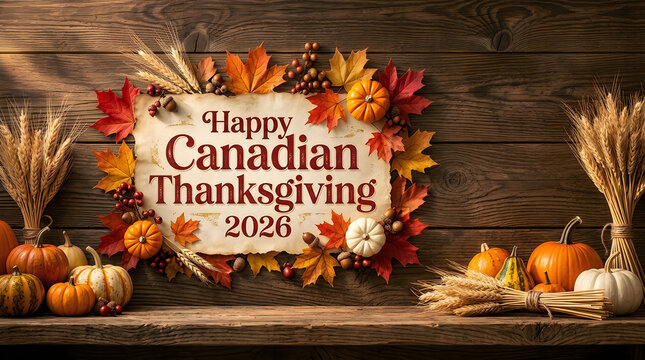 Happy canadian thanksgiving day 2026 greeting with pumpkins and leaves
