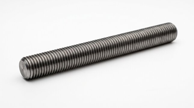 Industrial threaded rod isolated on a white background with realistic machined steel texture and professional studio lighting.