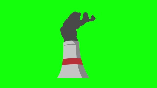 A gray industrial chimney with red stripe stands centered on solid bright lime green background in clean cartoon vector style.
Dark gray smoke continuously rises from the top, billowing.