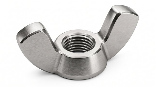 Industrial wing nut isolated on a white background with realistic stainless steel texture and studio lighting. Perfect for fastening and mechanical engineering concepts.