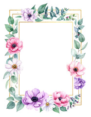 Fototapeta premium Watercolor mixed flowers vertical gold rectangle frame anemones and peonies on transparent