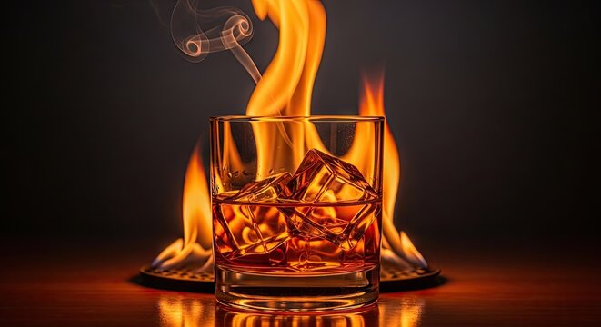 Whiskey glass with ice cubes engulfed by flames against a dark background