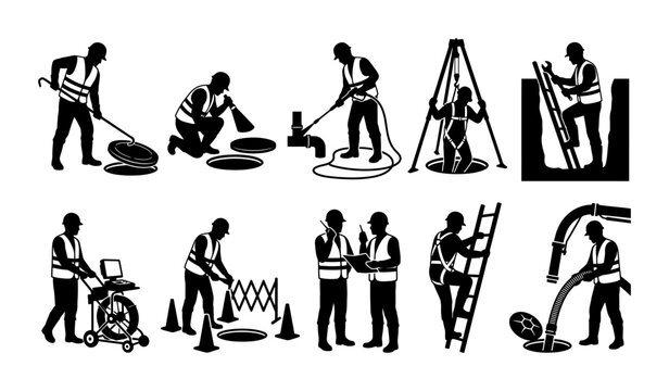 Utility Worker Silhouette Icon Set for Construction Maintenance