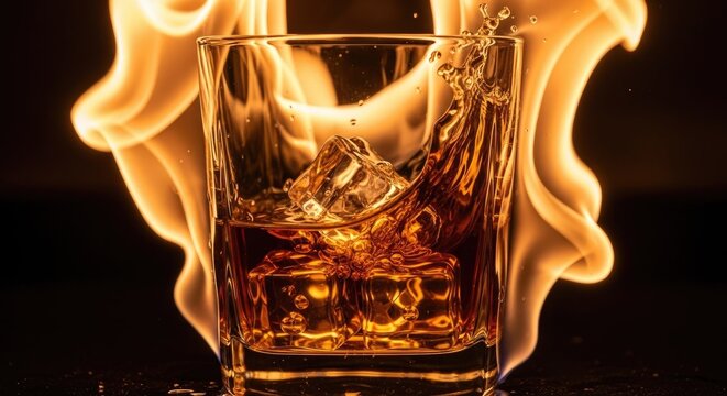 Whiskey glass with ice cubes flames and splashing liquid against dark backdrop