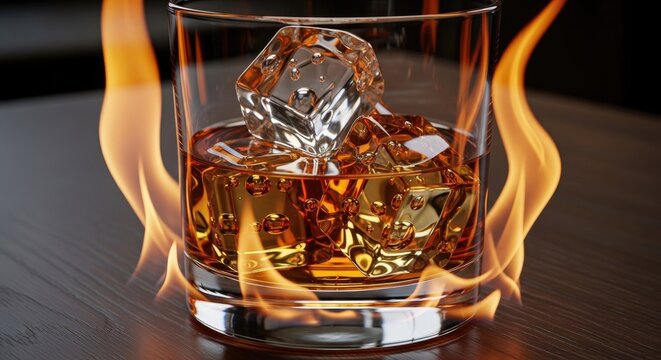 Whiskey glass with ice cubes surrounded by flames on a dark surface