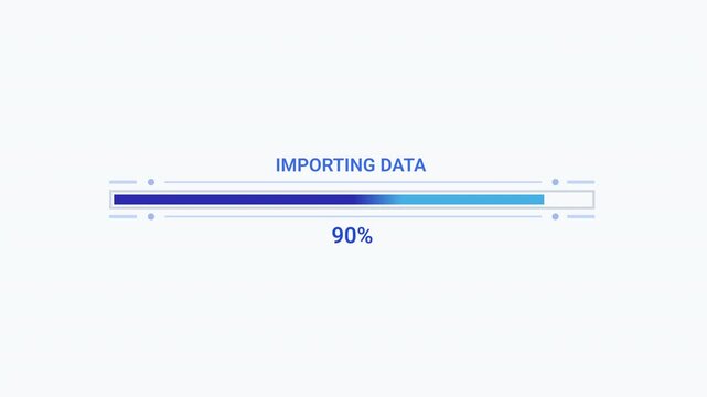 Modern flat vector animation of an importing data progress bar with loading status text and smooth horizontal fill. Ideal for data migration, software, web applications, dashboards, and technology pro