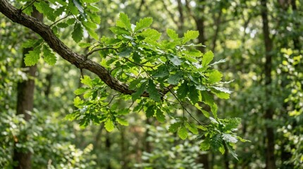 Fototapeta premium Oak Tree Branch with Green Leaves in a Sunlit Forest