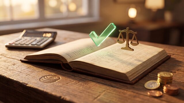 Open accounting ledger book with green check golden balance scale calculator and coins on wooden desk showing bookkeeping audit financial compliance tax record and business accountancy service
