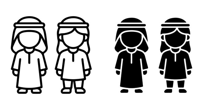 Arab Man and Woman Icons, Middle Eastern People Vector Set, Traditional Clothing Figures