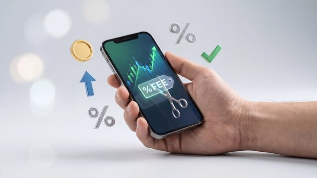 Hand holding smartphone with rising stock chart scissors cutting fee tag coin and percent icons showing low commission trading investment app finance growth and fee reduction technology service concep