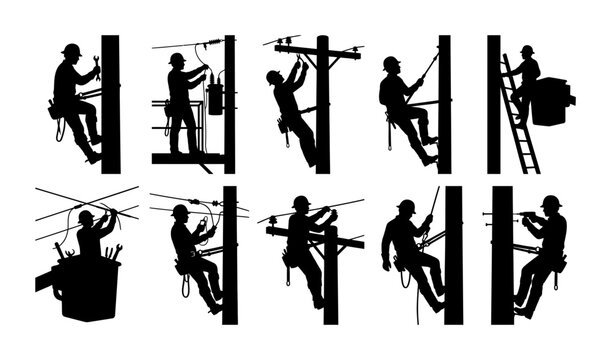 Lineman Silhouette Set Working On Electric Utility Power Pole