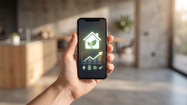 Hand holding smartphone with green eco house app showing energy saving growth chart solar battery icons for smart home renewable power monitoring sustainable living and efficiency management technolog