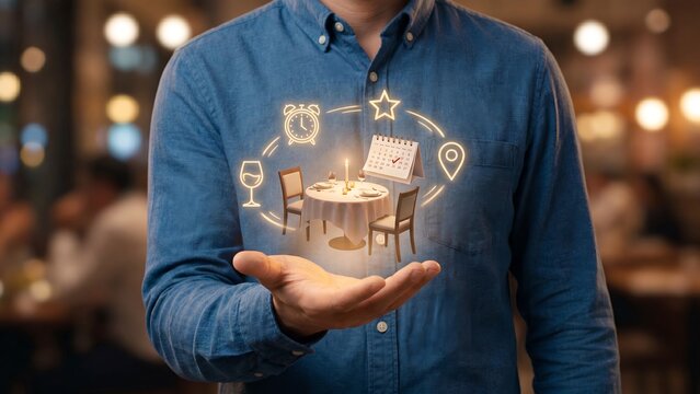 Man holding glowing dining table with calendar clock wine and location icons showing online restaurant reservation booking fine dining service date night planning and hospitality technology concept
