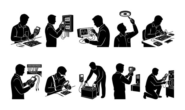 Electrical Engineer Silhouette Icons Set For Industrial Testing