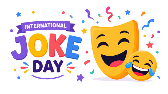 International Joke Day vector illustration with funny yellow comedy mask laughing tears emoticon confetti and stars humor concept on white background