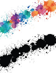 Obraz premium Colorful watercolor paint splatters and black ink splash silhouettes arranged diagonally with vibrant chaotic drips and messy artistic drops for your creative art.