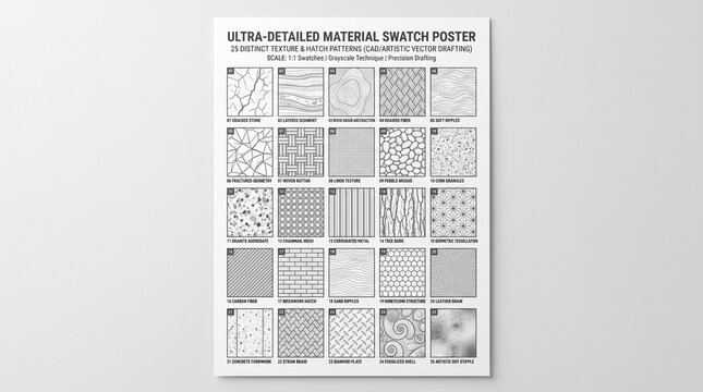 Ultra-detailed material swatch poster, 25 distinct texture and hatch patterns for vector shading, black and white artistic line art collection