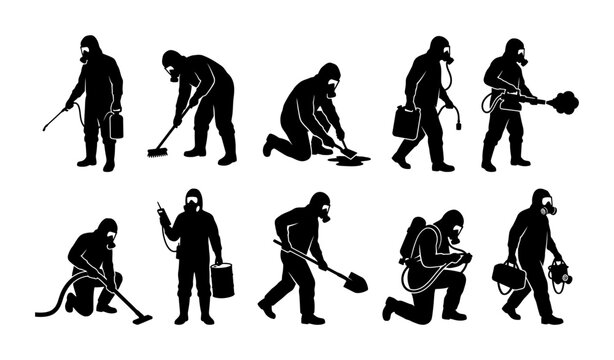 Hazardous Material Cleanup Crew Silhouette Vector Icon Set