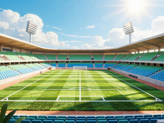 Naklejka premium Empty modern football stadium on sunny day