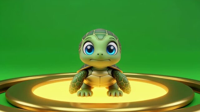 Adorable baby turtle on golden podium with green screen background