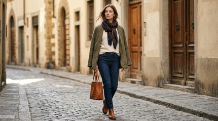 Obraz premium Woman walking on cobblestone city street.