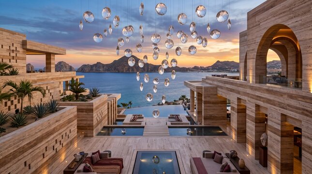 Luxury resort, infinity pool, ocean view, modern architecture, sunset
