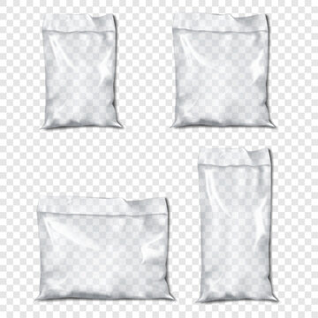 Blank empty clear poly bag. Realistic 3d vector mockup set. Transparent plastic pouch. Polythene package. Mock-up. Glossy cellophane sachet packet packaging. Template for design