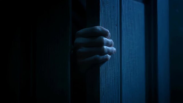 Mysterious hand opening a dark wooden door at night